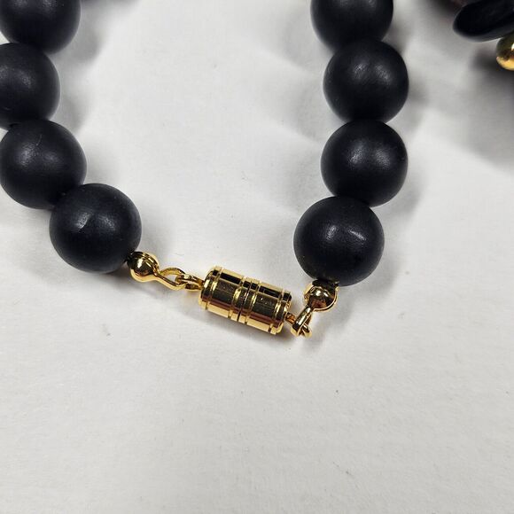 Clay Bead Necklace Matte Black Gold Handpainted Vintage Handmade - Picture 5 of 8